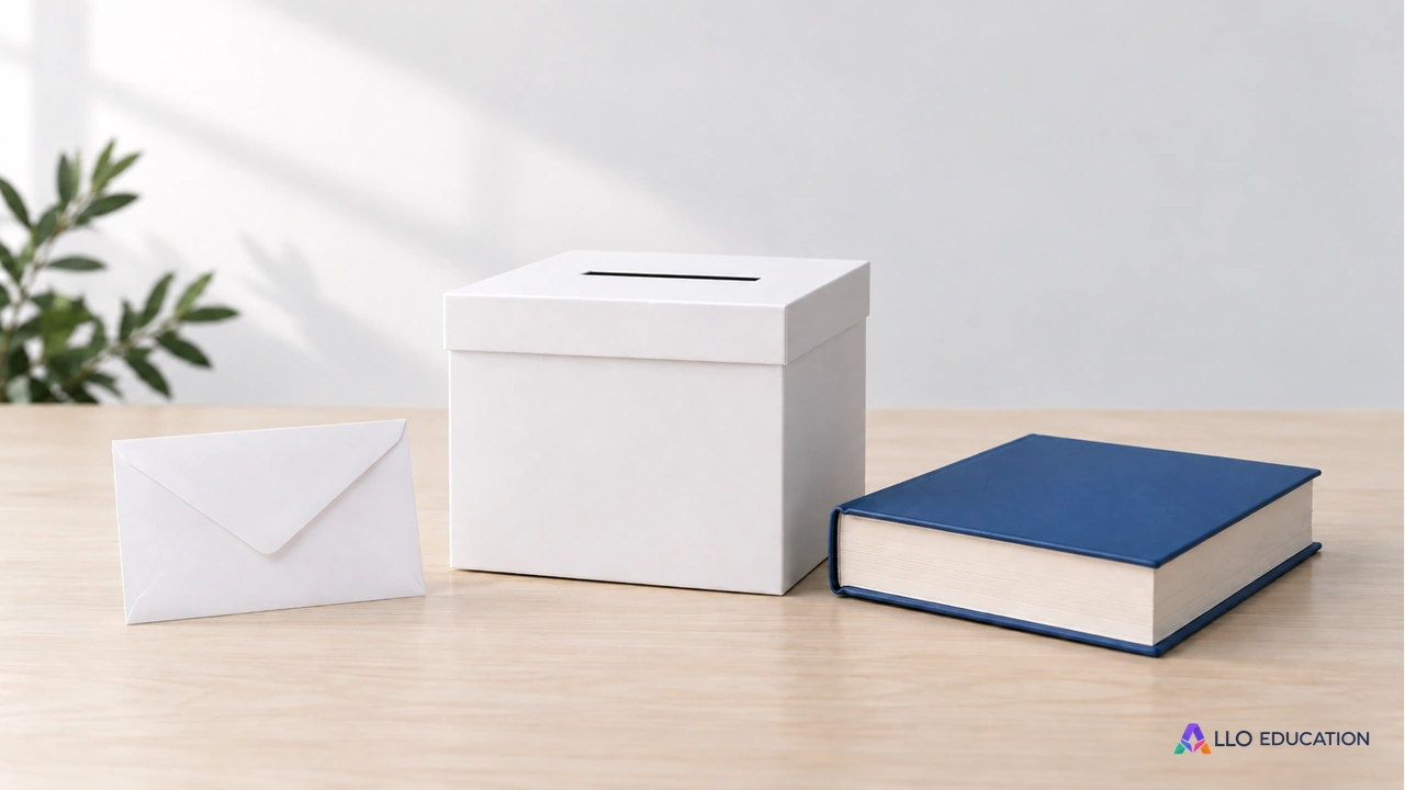 Une boîte de vote, une enveloppe vierge et un livre bleu fermé, symboles d’un vote encadré par des règles.