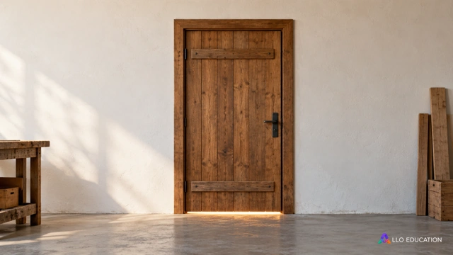 Une porte d’atelier en bois laisse passer une mince lumière sous son seuil, sur un mur clair sans inscription.