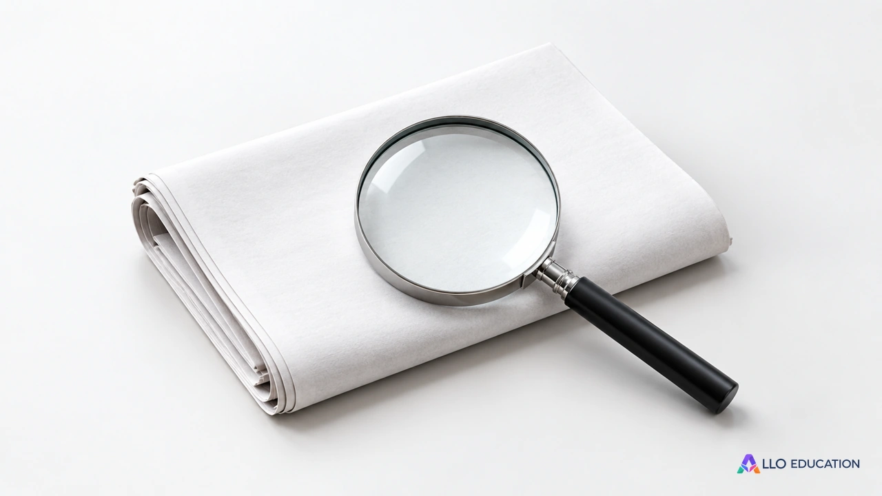 Une loupe posée sur un journal plié entièrement vierge, objet central sur fond clair, suggère la vérification d’une information.