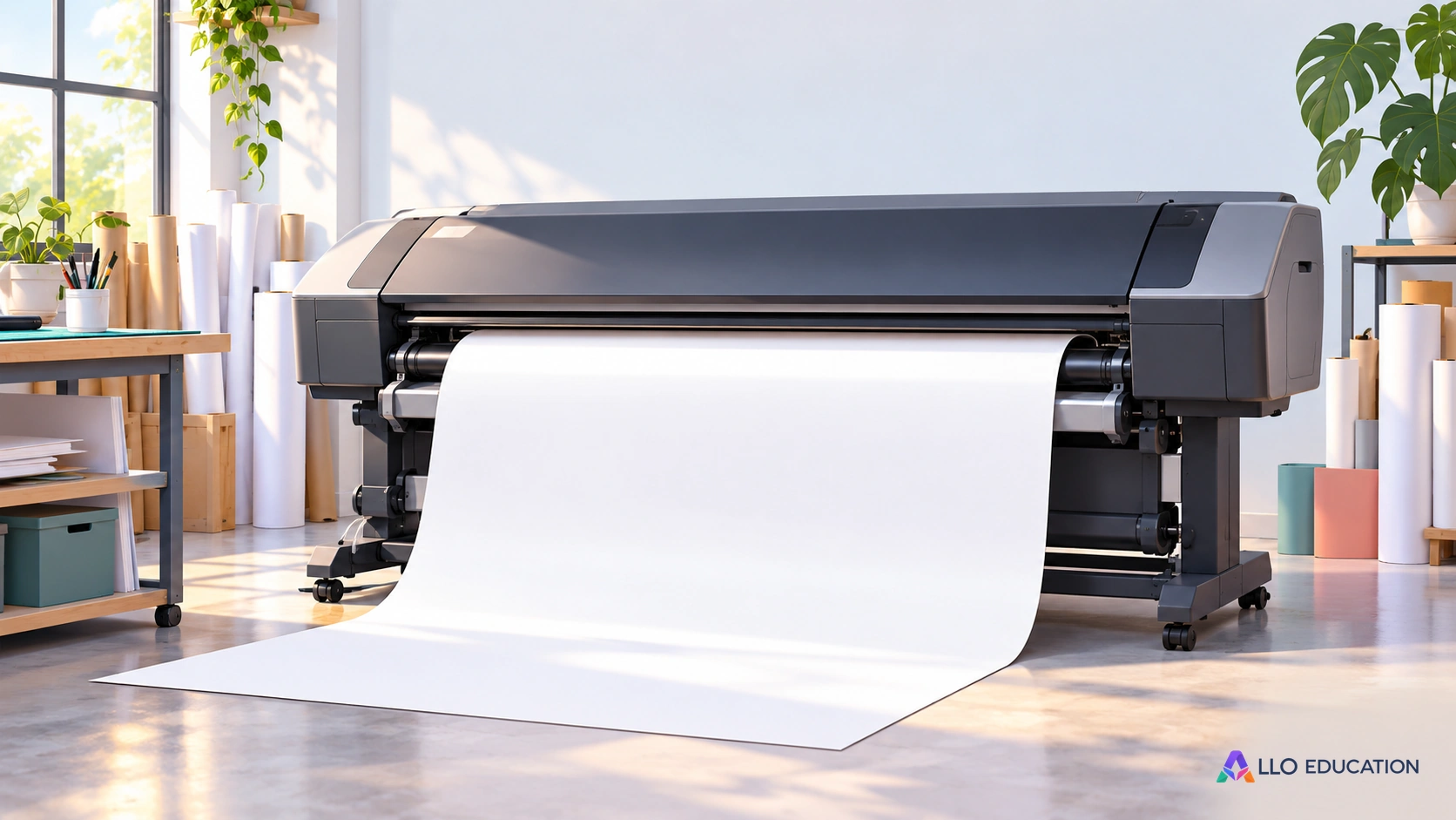 Une imprimante professionnelle produit une feuille blanche dans un atelier clair.