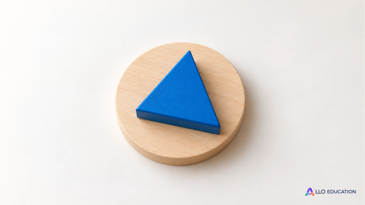 Un motif triangulaire bleu posé sur un disque de bois clair vierge.