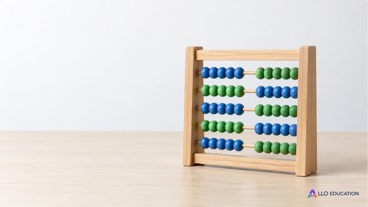 Un petit boulier en bois avec des perles bleues et vertes.