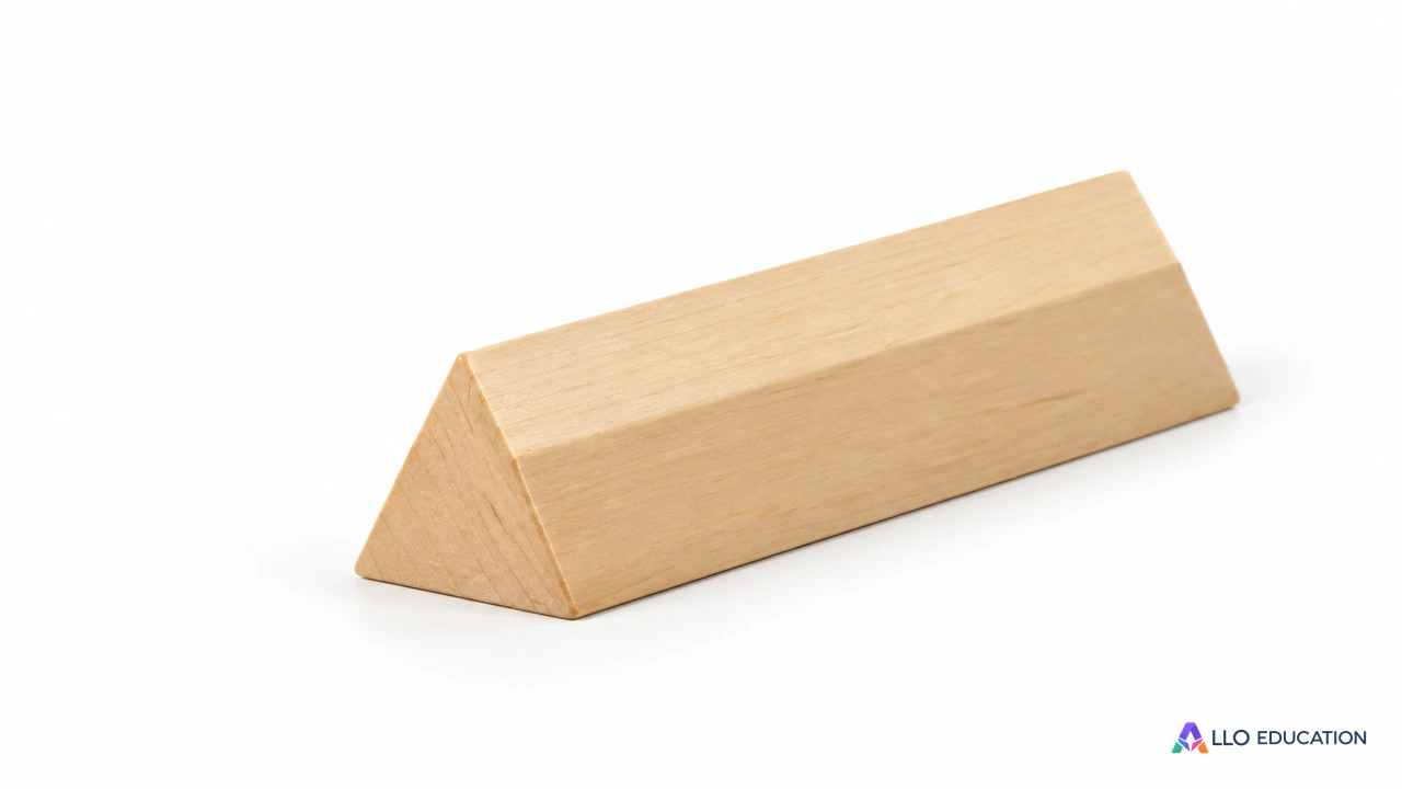 Un prisme droit pédagogique en bois clair à base triangulaire, isolé sur fond blanc, sans mesure affichée.
