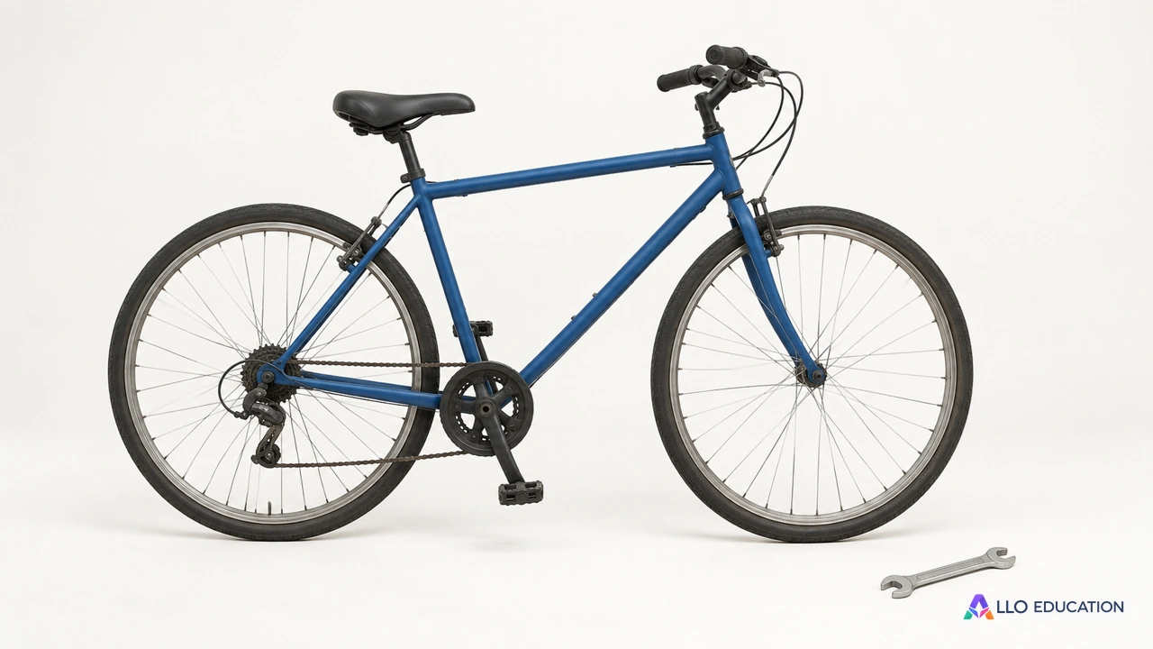 Un vélo d’occasion uni et une petite clé de réparation, sans marque ni inscription, isolés sur fond clair.