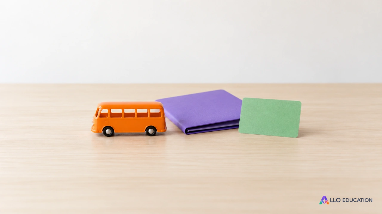 Petit bus miniature orange, dossier violet fermé et carte verte vierge évoquant la lecture d’un dossier fictif d’abonnement.