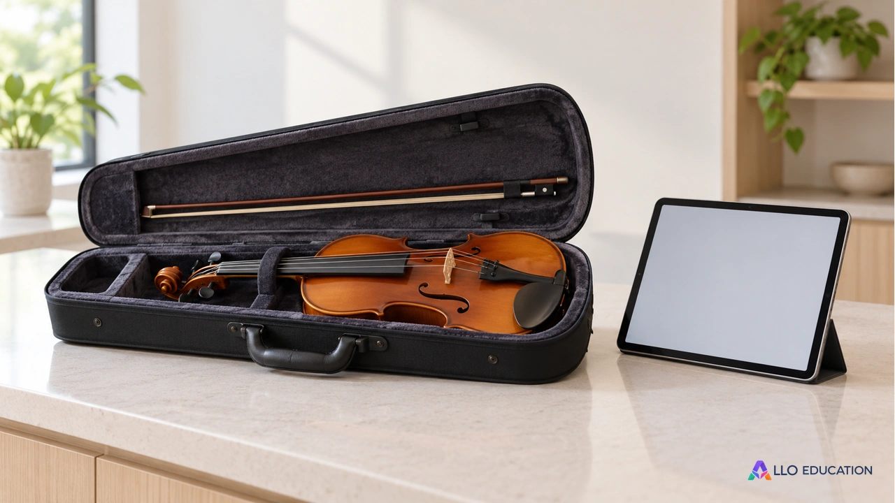 Un violon dans son étui ouvert, près d’une tablette à écran uni.