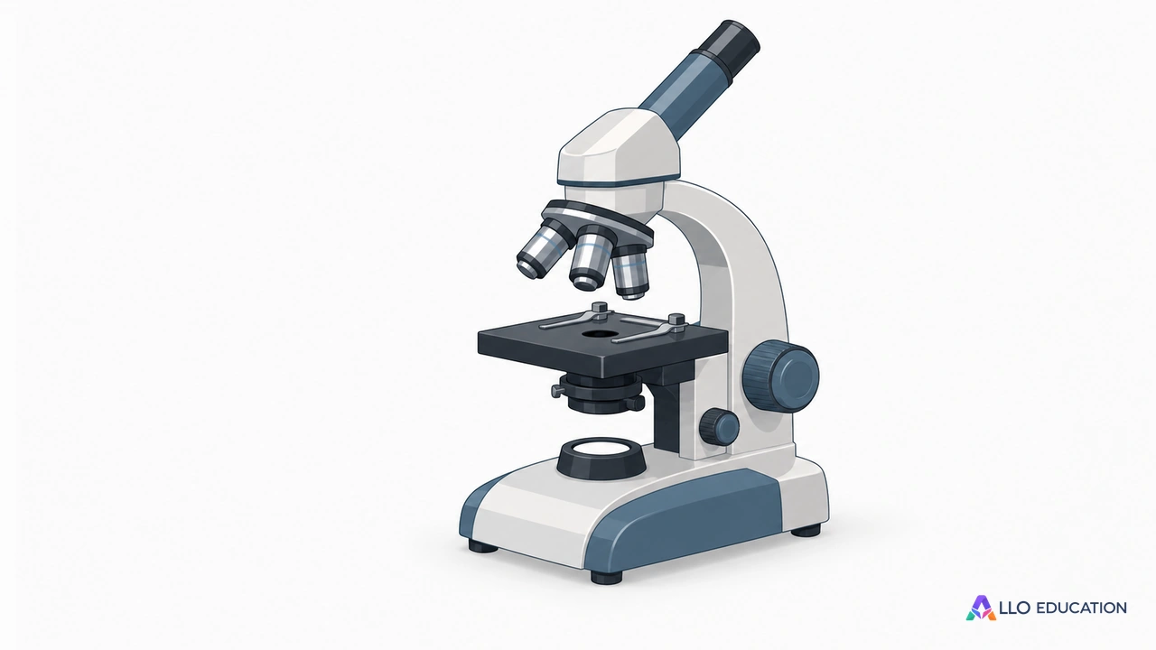 Un microscope optique entier, sur fond clair et sans inscription.