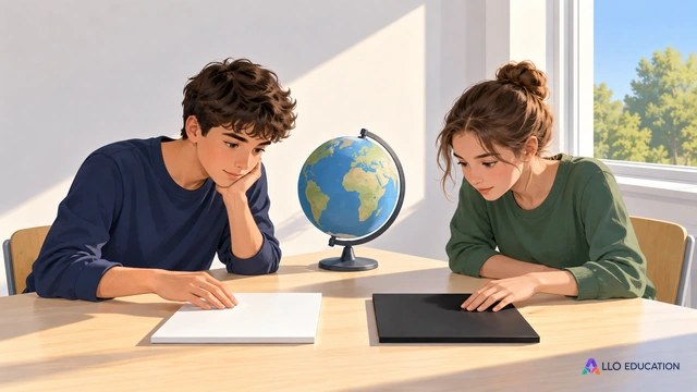 Couverture muette dessinée et peinte : deux lycéens fictifs observent sur une table claire près d’une fenêtre une plaque mate blanche et une plaque mate noire, avec un globe.