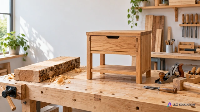 Un petit meuble achevé et une planche brute sur un établi : la transformation crée un bien.