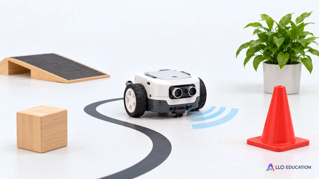 Un seul robot programmable muet, sans écran ni marque, objet isolé.