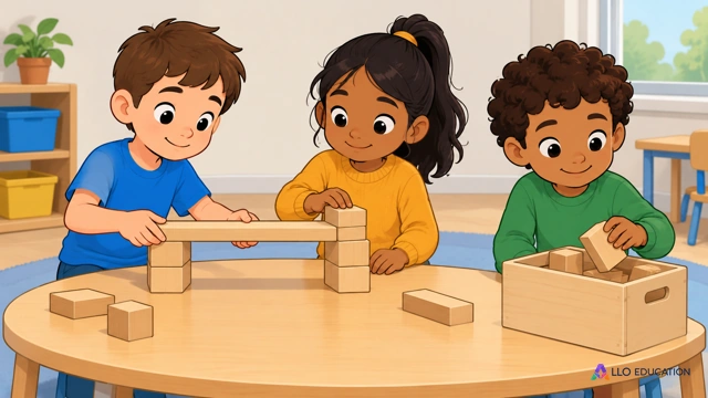 Dans une classe fictive de CE1 au mur clair sans affiche, trois enfants fictifs construisent ensemble un petit pont stable en blocs de bois sur une table basse. Tom, garçon aux che