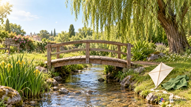 Un petit pont de jardin avec un ruisseau et un cerf-volant uni posé à côté, sous une lumière douce.