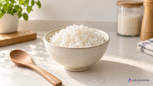 Un bol de riz blanc cuit est posé sur une paillasse claire, avec une cuillère en bois.