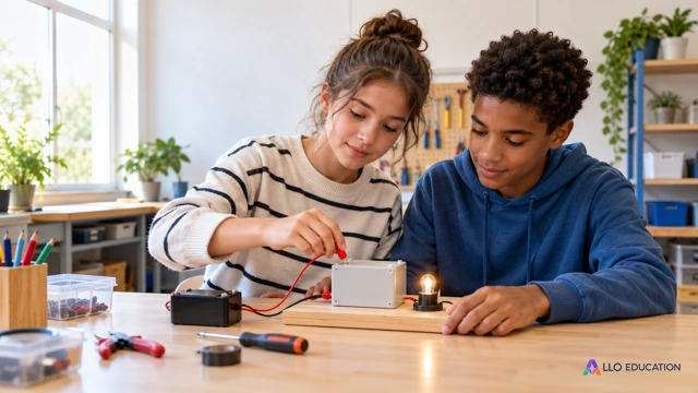 Une fille et un garçon fictifs coopèrent dans un atelier scolaire, autour d’un montage électrique muet ; chacun accomplit un geste utile. Aucun résultat ni compétence ne se déduit 