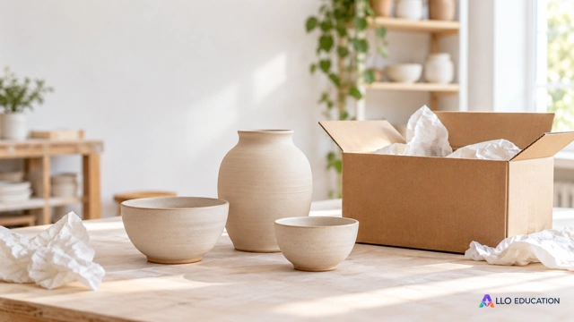 Des céramiques près d’un carton d’expédition sans inscription dans un atelier.