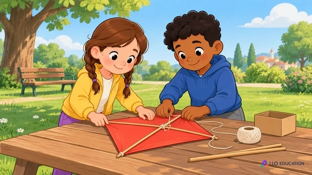Mila et Nino, deux enfants fictifs, préparent un cerf-volant sur une table dans un parc.