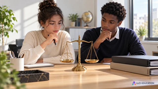 Une balance de précision en laiton sans symbole officiel au centre d’un bureau lumineux, à côté de deux dossiers fermés neutres, composition éditoriale sur la méthode juridique.