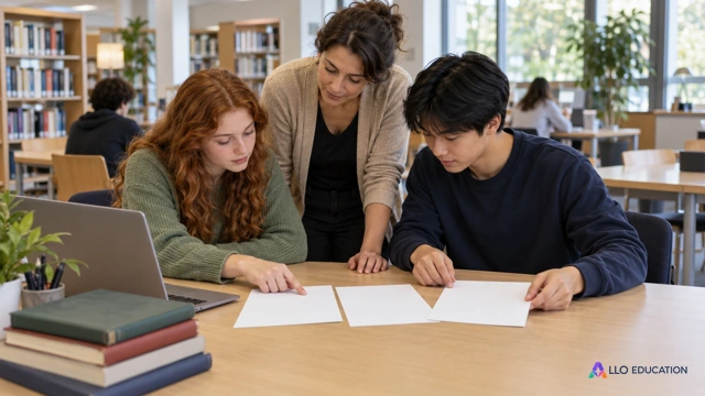 Deux lycéens fictifs et un adulte accompagnateur comparent des feuilles muettes sur une table de bibliothèque pour reprendre une erreur de calcul ; les figures du parcours apporten