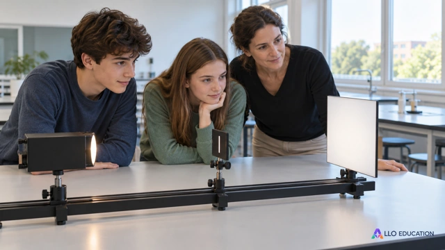Deux lycéens fictifs et une enseignante observent un banc optique avec une source dans un boîtier uni, un support de fente et un écran blanc sans figure ni inscription.