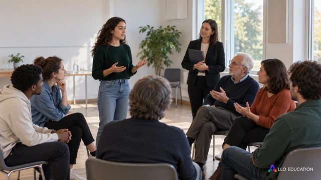 Des habitants fictifs échangent dans une réunion publique lumineuse, sans enseigne, document écrit ni opinion politique affichée.
