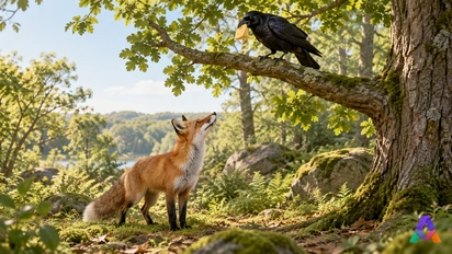 Un corbeau perché et un renard au pied de l’arbre préparent un échange dans la fable.